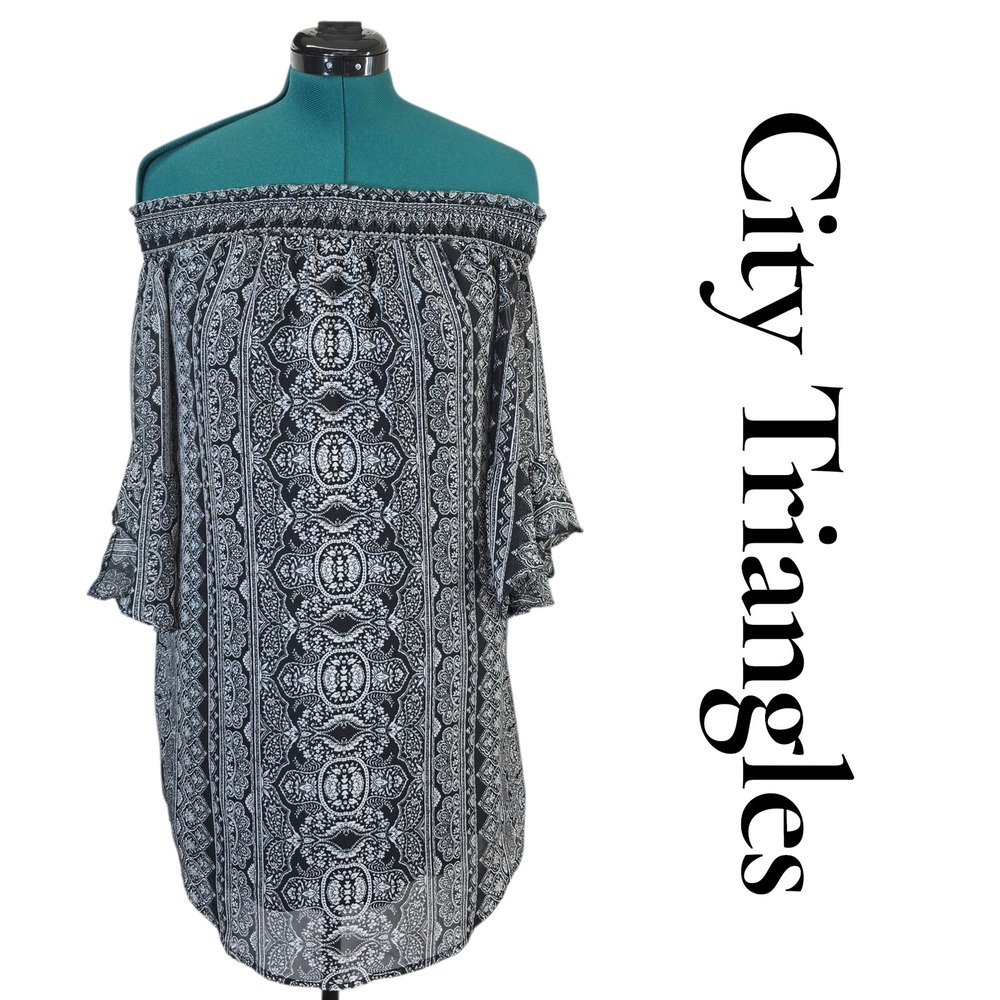 City Triangles Womens‎ Black White Paisley Off Shoulder Bell Sleeve Mini Dress S